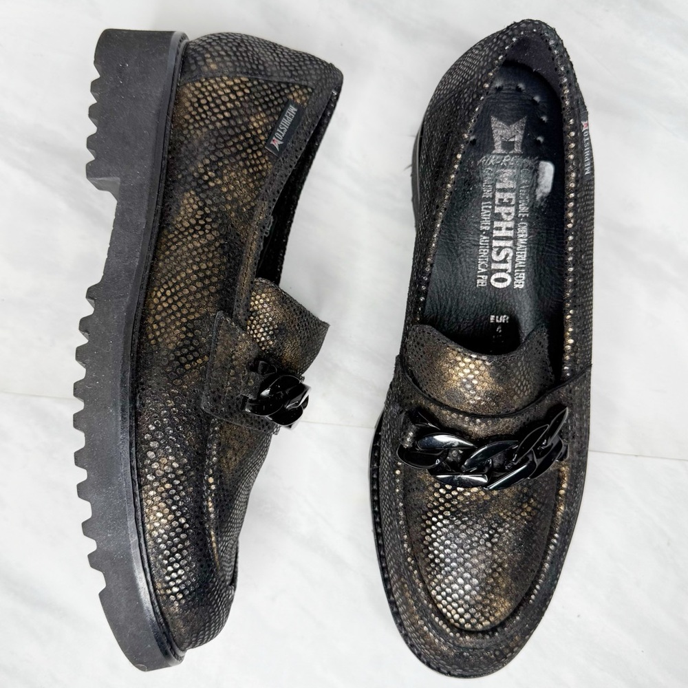 Mephisto Salka Black and Gold Flats with Textured Leather and Chain Detail